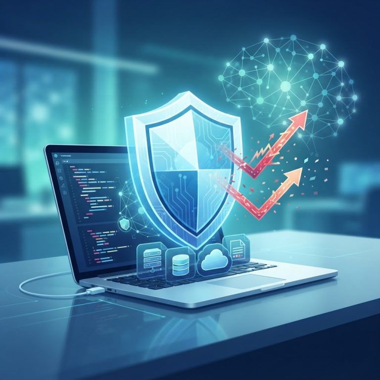 درع رقمي يحمي حاسوبًا محمولًا ورموز بيانات في بيئة عمل، مع خلفية تمثل الذكاء الاصطناعي