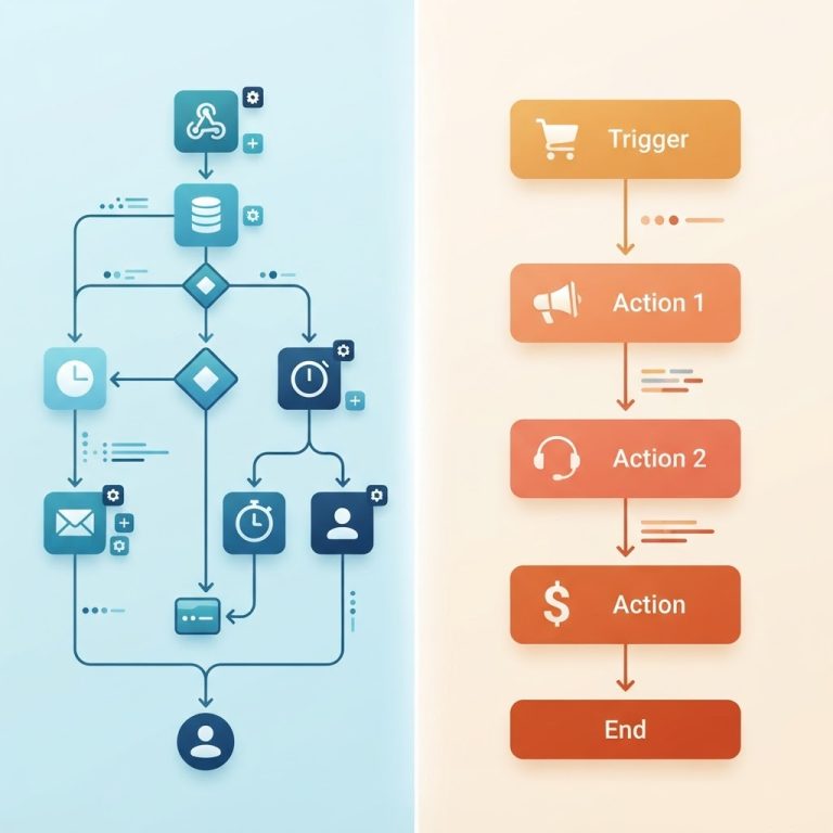 مقارنة بصرية بين منصتي Make وZapier للأتمتة، تعرض الفرق بين محرّك سير العمل المرئي والواجهة البسيطة