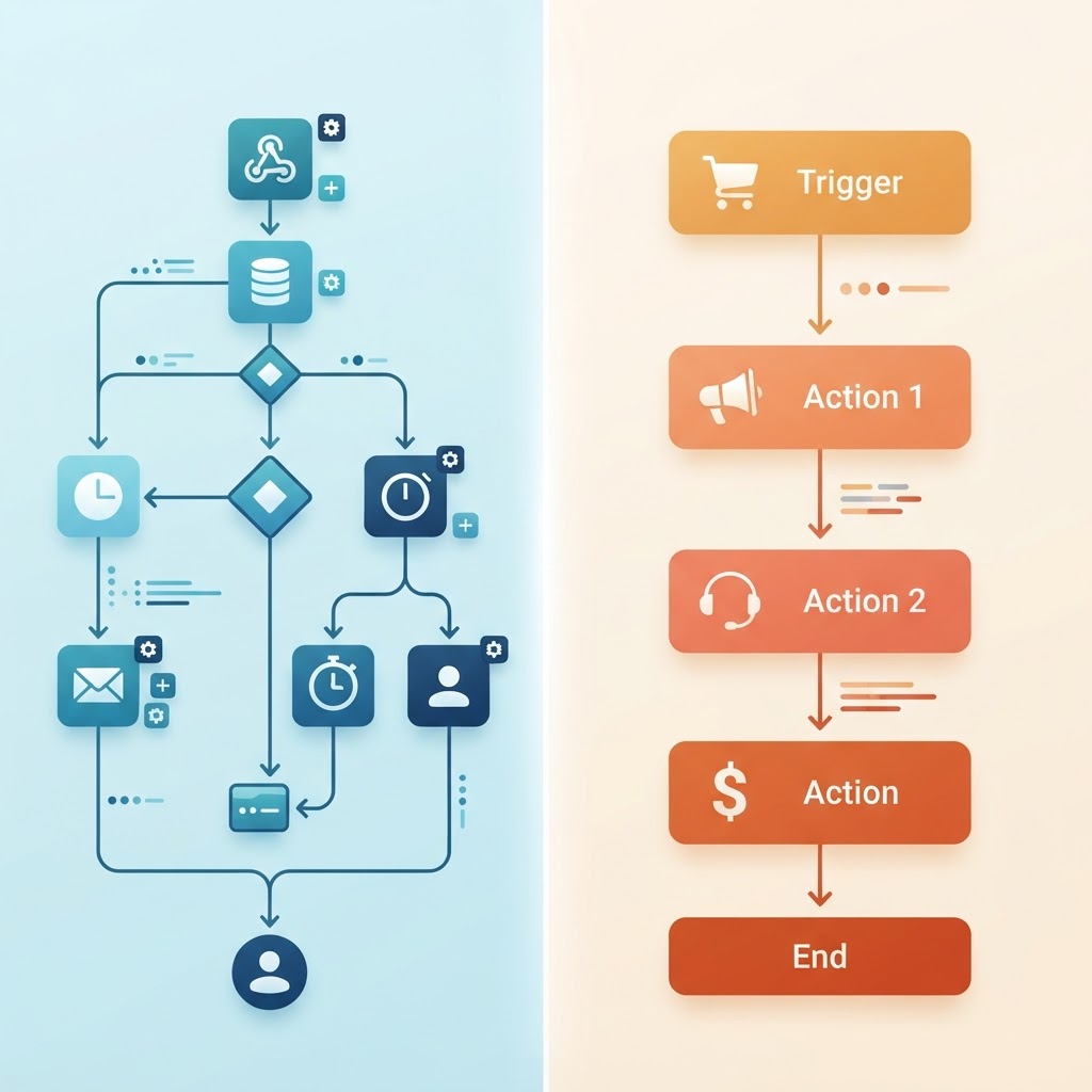 مقارنة بصرية بين منصتي Make وZapier للأتمتة، تعرض الفرق بين محرّك سير العمل المرئي والواجهة البسيطة