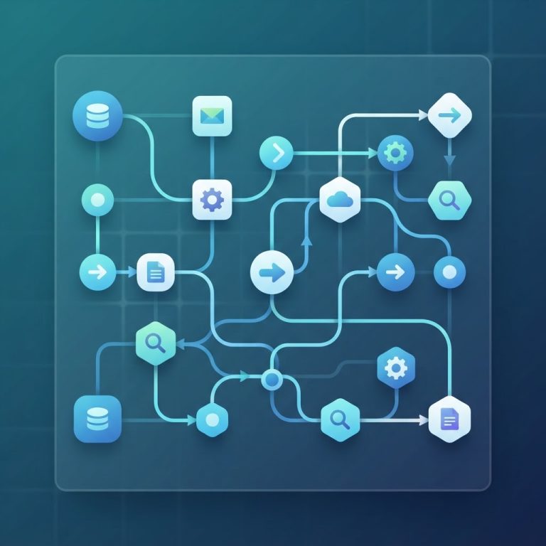 رسم توضيحي يمثّل مفهوم أتمتة سير العمل عبر عقد مترابطة بخطوط انسيابية على خلفية متدرّجة بألوان teal وأزرق داكن