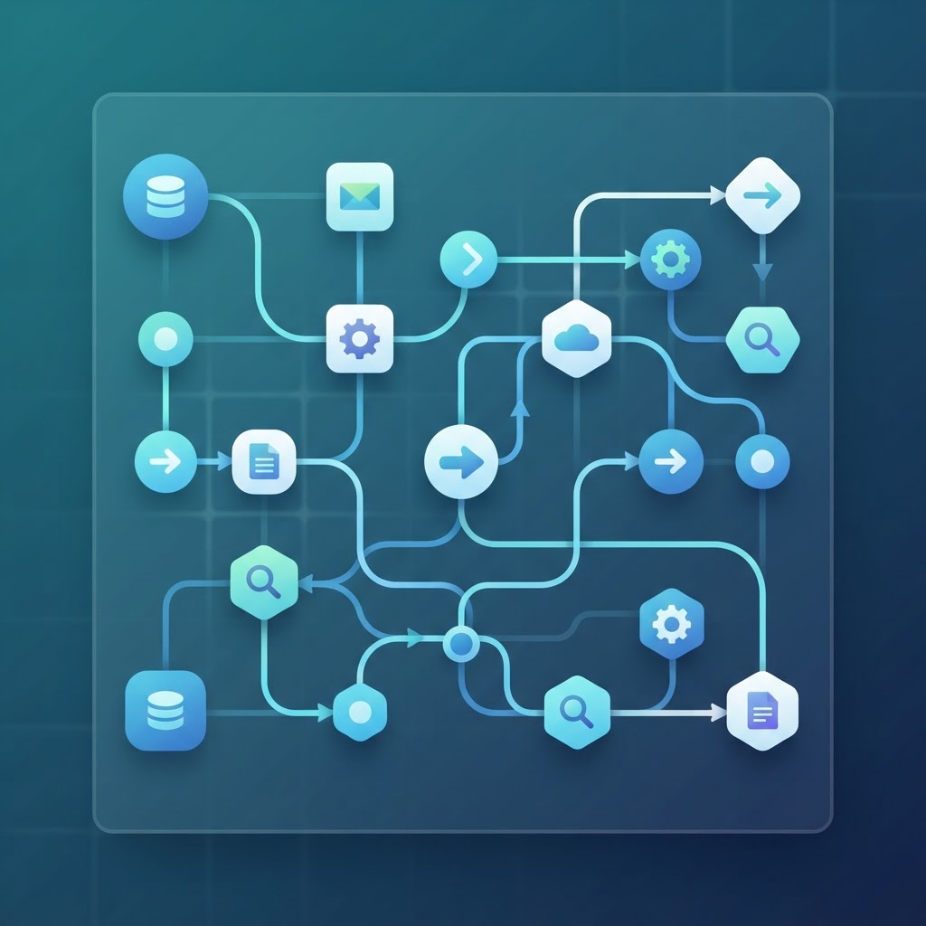 رسم توضيحي يمثّل مفهوم أتمتة سير العمل عبر عقد مترابطة بخطوط انسيابية على خلفية متدرّجة بألوان teal وأزرق داكن
