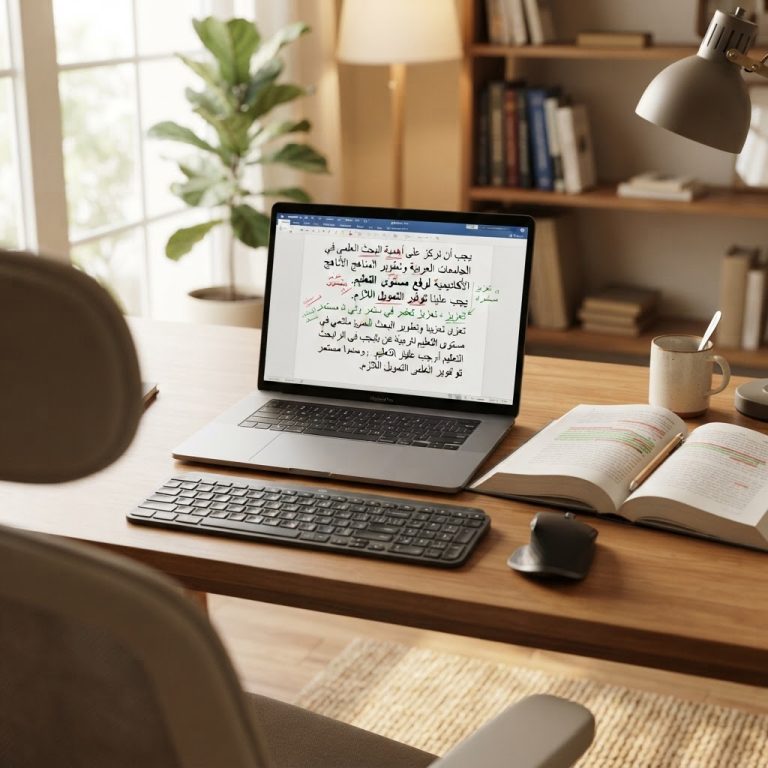 تدقيق لغوي بالذكاء الاصطناعي للنصوص العربية: شاشة تعرض نصًا عربيًا مع علامات تصحيح