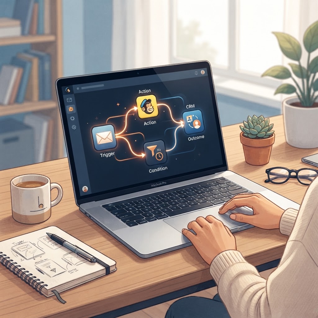 مخطط بصري لأتمتة البريد الإلكتروني يربط بين أدوات وتطبيقات متعددة
